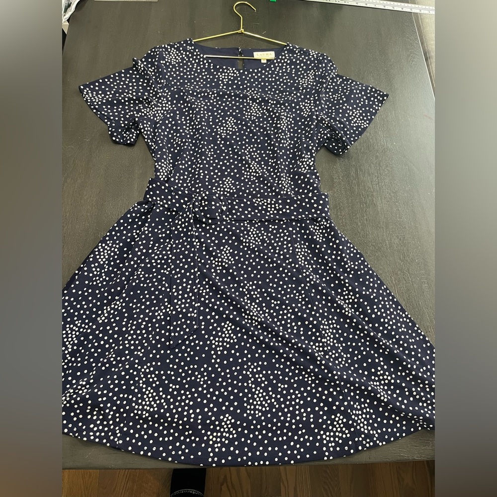Laura Petites Navy Blue White Polka‎ Dot Fit Flare Dress Short Sleeve Belted 8